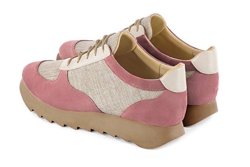 Dusty rose pink, natural beige and off white women's three-tone elegant sneakers. Round toe. Low rubber soles. Rear view - Florence KOOIJMAN